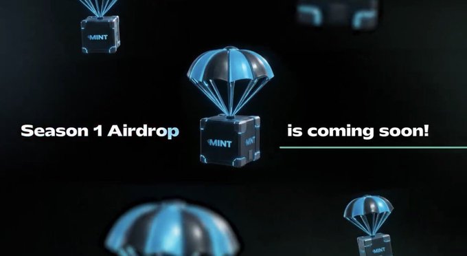 The image displays a promotional graphic announcing the upcoming "Season 1 Airdrop" with multiple blue parachutes delivering crates labeled "MINT" against a dark background. The visual reinforces the post's message by depicting the imminent distribution of MINT rewards to players who climb the 7-tier Status system through $MNTD staking on PlayOnMint.