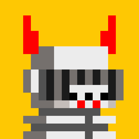 A pixel art character with red devil-like horns, a gray and black robotic body, and a visor with vertical black bars against a yellow background.