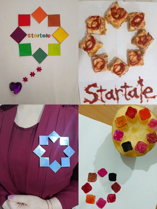 A collage showing colorful translucent squares arranged in circles spelling 'startale' alongside food items (pizza bites, fruit-topped dessert) and a person wearing a mirror-like geometric pin.