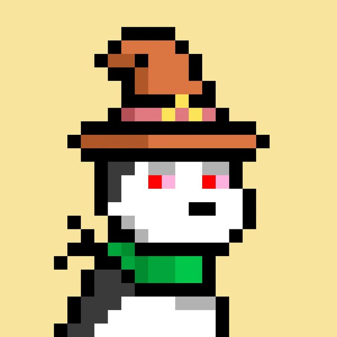 Pixel art illustration of a white character wearing a green shirt and an orange wizard-like hat with red trim, set against a yellow background.