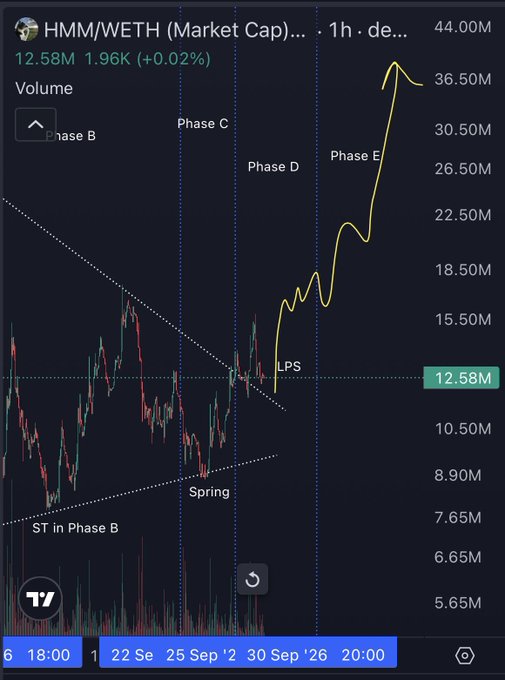 A TradingView chart of HMM/WETH shows a market cap rising from ~$12.58M to a peak near $44.00M, illustrating Wyckoff Phases B-E with a "Spring," "LPS," and ST in Phase B marked—supporting the bullish call for $HMM to initiate its next leg up.