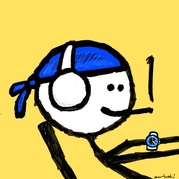 A hand-drawn cartoon stick figure with a blue bandana, one large eye, and a small smile smokes a cigarette while wearing a wristwatch, set against a yellow background.