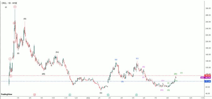 A TradingView candlestick chart for CRCL on NYSE showing daily price movement with Elliott Wave technical analysis labels and indicators.