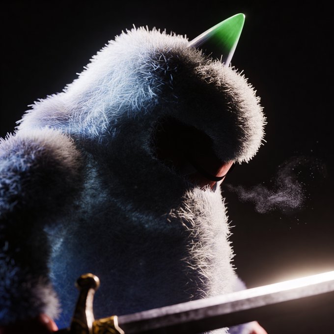 A furry white creature with a glowing green crystal on its head exhales a wisp of breath into the cold air while gripping a sword, evoking the post's declaration that power belongs to those bold enough to seize it.