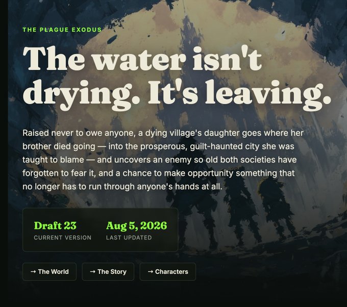 A dark, atmospheric webpage titled 'THE PLAGUE EXODUS' with the headline 'The water isn't drying. It's leaving.' and a story synopsis about a dying village's daughter, marked as Draft 23, last updated Aug 5, 2026.