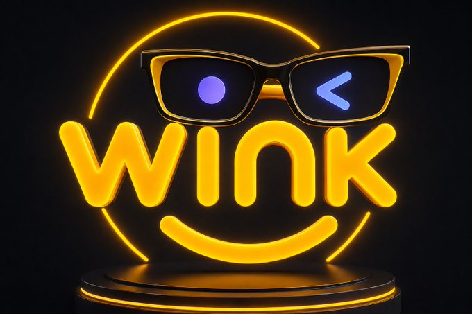A glowing neon yellow "WINK" logo styled as a smiley face wearing sunglasses with a winking eye appears on a circular podium, visually reinforcing the brand's playful identity. The image aligns with the post's message about WINkLink's oracle price feeds powering smarter DeFi decisions, with the sunglasses-and-wink motif reinforcing the project's name and approachable, tech-forward image.