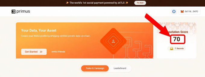 A screenshot of the 'primus' website shows a 'Your Data, Your Asset' banner and a Reputation Score of 70 highlighted with a red arrow and box, alongside a 'Try Now' button.