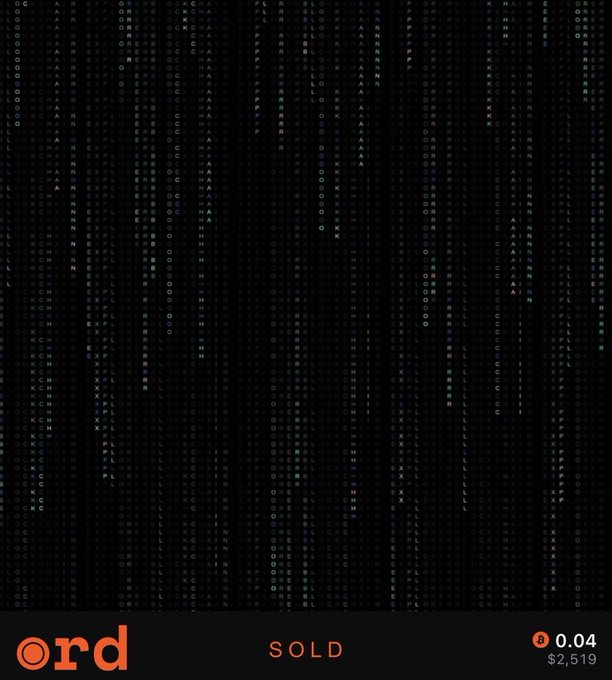 An 'ord' marketplace listing for a Bitcoin Ordinals digital artwork featuring falling code/Matrix-style characters, marked as SOLD for 0.04 BTC ($2,519).