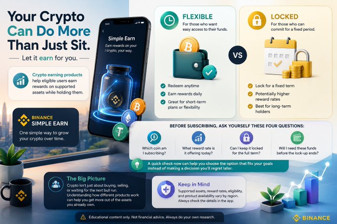 A Binance promotional graphic titled 'Your Crypto Can Do More Than Just Sit', comparing 'Flexible' and 'Locked' crypto earning products.