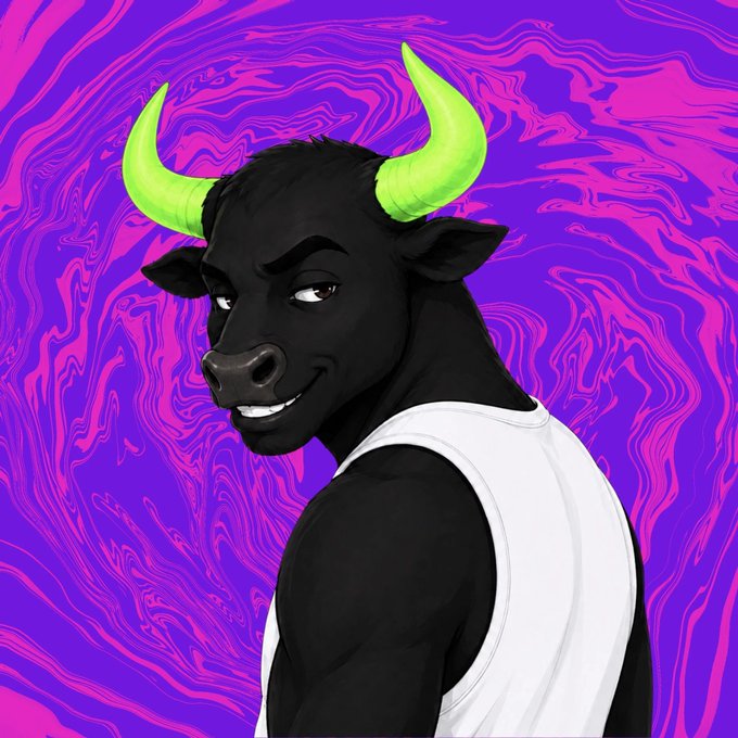 Digital art illustration of a muscular anthropomorphic black bull with green horns wearing a white tank top, set against a purple and pink marbled background.