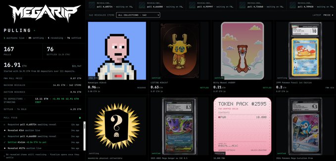 A screenshot of the 'MEGARIF' NFT pulling website, showing a collection count of 167, with various NFT items displayed including characters and Pokemon cards, and a 'Token Pack #2595'.