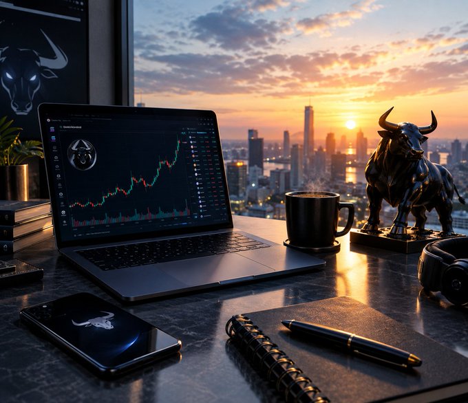 An AI-generated image of a trader's workspace featuring a laptop displaying a Bitcoin/chart trading screen, a bull statue, coffee mug, headphones, and a smartphone, with a sunset cityscape visible through the window.
