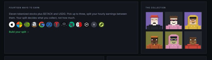 The image shows a website section titled "FOURTEEN WAYS TO EARN," describing a crypto project featuring "Eleven tokenized stocks plus $TACK and USDG," where users can pick up to three and split hourly earnings between them. On the right, "THE COLLECTION" displays six pixel-art NFT character portraits, suggesting the project involves a marketplace or collection of tradable assets, which aligns with the post's cautious optimism about a new one-day-old crypto venture.