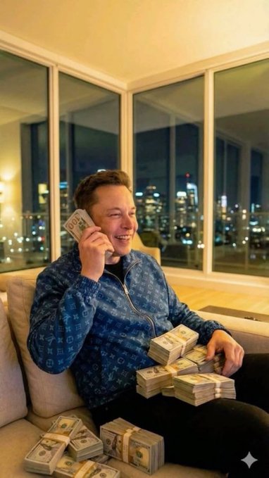 An AI image shows Elon Musk smiling while holding a stack of cash to his ear like a phone, sitting in a modern penthouse surrounded by numerous thick bundles of hundred-dollar bills.