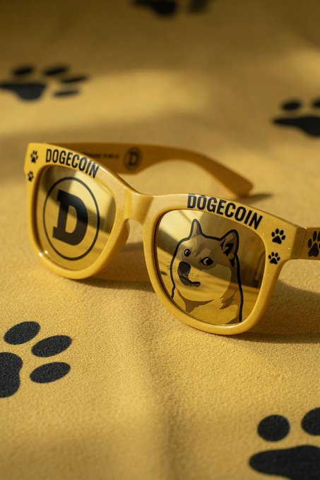 A pair of yellow sunglasses with 'DOGECOIN' text, a 'D' logo, and a Shiba Inu dog illustration, resting on a tan fabric with black paw prints.