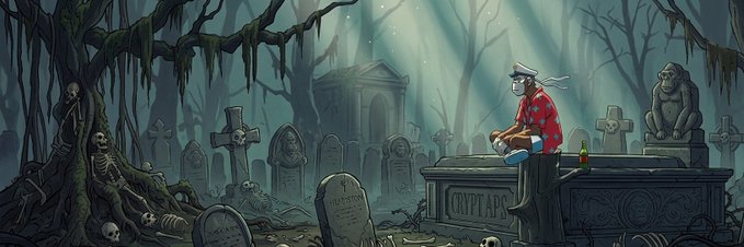 The image features a cartoon scene of a person sitting at a tombstone with a bottle of wine next to them. The background shows a graveyard filled with tombstones, and there are also some skulls scattered throughout the scene. The caption reads "Testing... The weak fade away... Only the cursed survive. From the ashes, the Dead Apes rise. Are you in? Turn notis on". This image seems to be related to a post about a game or an event involving the cemetery and the characters from the cartoon.