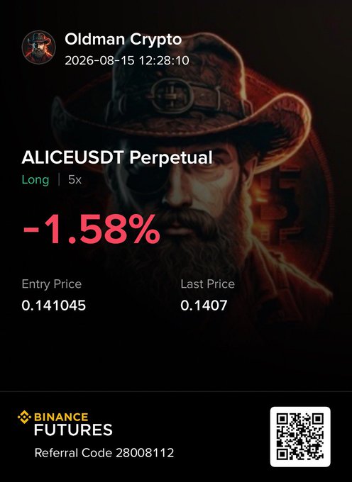The image shows a Binance Futures trading screenshot from "Oldman Crypto" displaying an ALICEUSDT Perpetual Long position (5x leverage) that is down -1.58%, with an entry price of 0.141045 and a last price of 0.1407, dated 2026-08-15 at 12:28:10. The cowboy graphic ties into the "Oldman Crypto" branding, while the QR code and referral link reflect the promotional aspect common in crypto signal-sharing posts like this one.