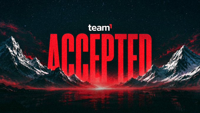 Stylized movie poster design with 'team¹' and 'ACCEPTED' in bold red text over a dark background featuring snow-capped mountains and a red-hued sky.