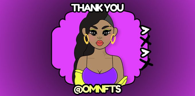 A cartoon illustration of a woman with the text 'THANK YOU', 'XXX', and '@OMNFTS' against a purple background.