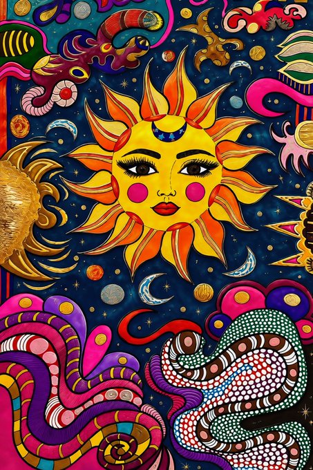 A vibrant, psychedelic illustration centered on an anthropomorphic sun with a face, surrounded by stylized celestial bodies and swirling patterns in bright colors.