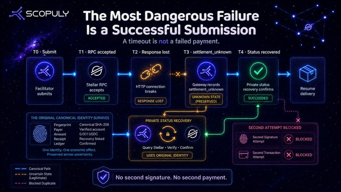 A flowchart from Scopuly titled 'The Most Dangerous Failure Is a Successful Submission,' illustrating a timeline (T0-T4) of a secure payment process with sections on 'THE ORIGINAL CANONICAL IDENTITY SURVIVES' and 'SECOND ATTEMPT BLOCKED.'