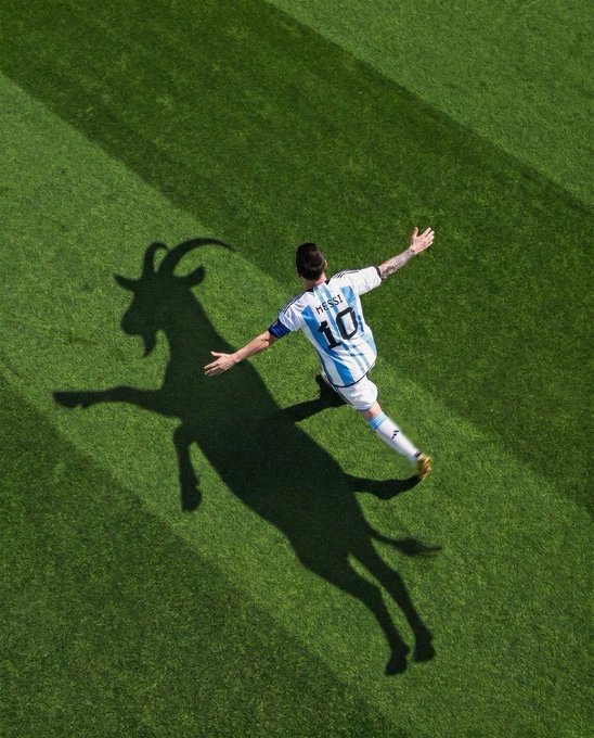 Top-down view of soccer player Lionel Messi (#10) in Argentina's striped jersey celebrating on a green field, with his shadow cast in the shape of a leaping goat.
