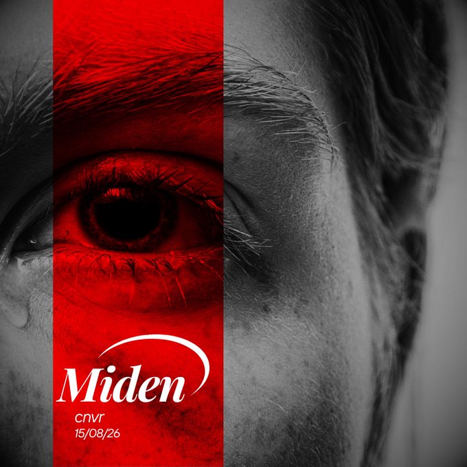 A graphic poster features a close-up of an eye with a red vertical stripe overlay, displaying the text 'Miden' along with 'cnvr' and the date '15/08/26'.