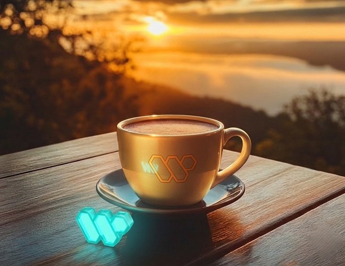 The image features a cup of coffee sitting on top of a wooden table with a saucer underneath it. The sun is setting behind some trees, creating a beautiful backdrop for this scene. There are also two small blue objects placed near the coffee cup - one being a "w" and the other an "i". These objects could be related to the post's content or simply decorative elements in the image.