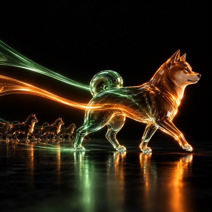 A glass dog sculpture illuminated with glowing orange and green light trails, with smaller glass dog figures visible in the background on a reflective surface.