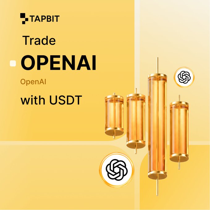 A yellow promotional graphic for TAPBIT advertising 'Trade OPENAI with USDT,' featuring stylized golden cylindrical tokens and the OpenAI logo.