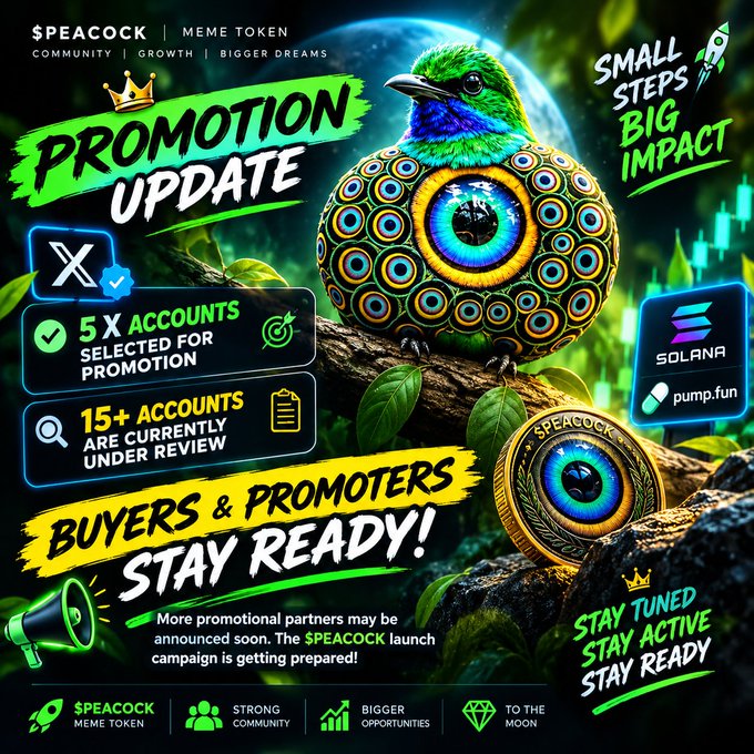 A '$PEACOCK MEME TOKEN' promotion update graphic highlighting '5 X ACCOUNTS SELECTED FOR PROMOTION' and '15+ ACCOUNTS ARE CURRENTLY UNDER REVIEW' on Solana via pump.fun, with the tagline 'SMALL STEPS BIG IMPACT'.
