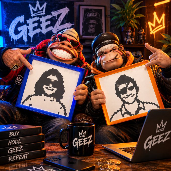 Two people wearing monkey masks hold framed pixel art portraits, surrounded by 'GEEZ' branded merchandise including books titled 'BUY HODL GEEZ REPEAT', a mug, and a laptop.
