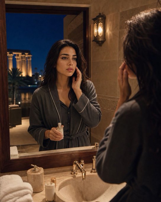 A woman with long dark hair wearing a grey robe stands before a bathroom mirror, applying a skincare product to her face against an evening city backdrop.