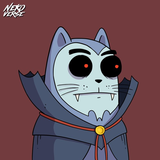 A cartoon character from 'NEKOVERSE' featuring a blue cat-like creature with large black eyes, glowing red pupils, and small fangs, wearing a dark hooded cloak with a red trim and a gold brooch.