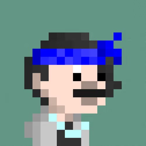 A low-resolution pixel art character with a blue headband, dark hair, a beard, and a white and grey jacket against a teal background.