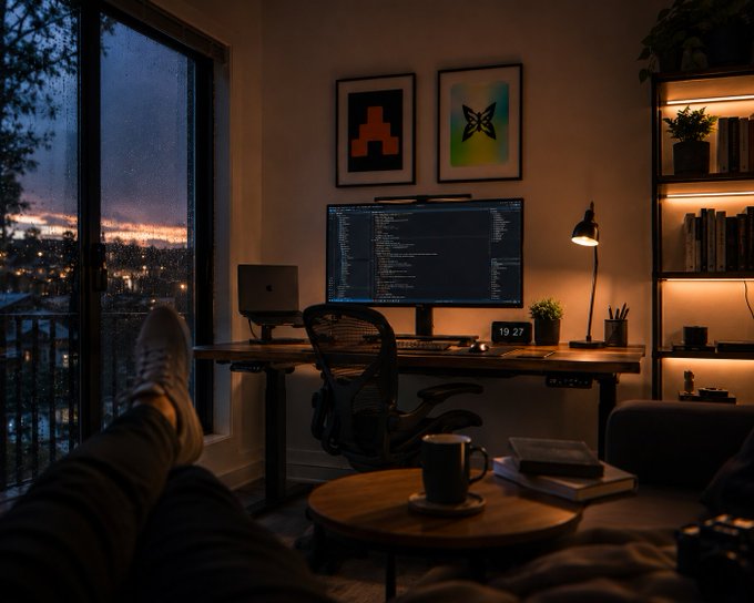 A cozy home office setup at dusk featuring a dual-monitor desk with code on the screen, framed butterfly artwork, warm ambient lighting from a bookshelf, and a person's feet propped up in the foreground.
