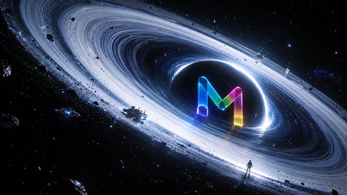 The image features a planet surrounded by a ring-shaped nebula, with the word "M" written above the planet. The background consists of stars scattered throughout the image, contributing to the overall ambiance. There are two people present in the scene; one person is standing near the center and another further away from them. They appear to be in awe of the celestial surroundings or possibly participating in an astronomical event. This image can be related to a post about space exploration or astronomy, as it captures the essence of discovery and wonder within the universe.
