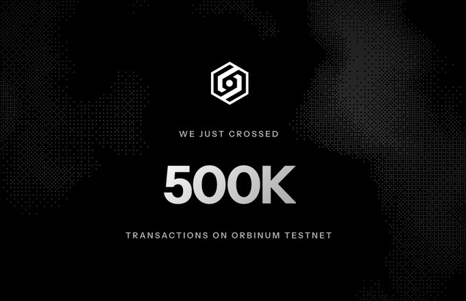 A black promotional graphic features white text announcing 'WE JUST CROSSED 500K TRANSACTIONS ON ORBINUM TESTNET' with a hexagonal logo.