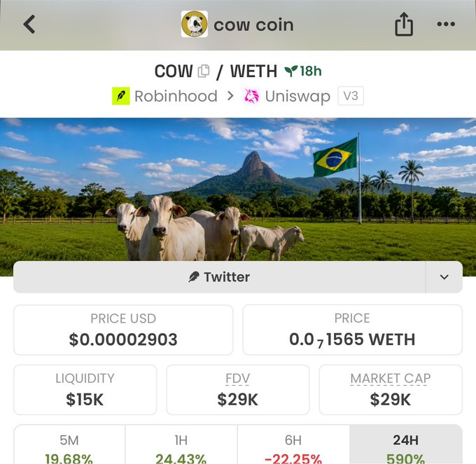 The image shows a DEX listing for "COW coin" paired with WETH on Uniswap V3 (originally bridged from Robinhood), displaying a price of $0.00002903 USD, a $29K market cap, $15K liquidity, and a volatile 24H chart showing 590% gains after recent dips. The listing features a banner of cows in a Brazilian landscape with mountains and the Brazilian flag, supporting the post about a freshly launched low-cap "tokenized cows" memecoin at a $28K market cap.