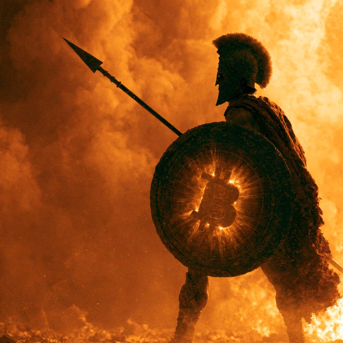 A silhouetted Spartan warrior stands defiantly against a fiery inferno, holding a spear and a round shield emblazoned with the Bitcoin "₿" symbol, symbolizing the post's message of standing firm in principles and conviction even when surrounded by chaos.