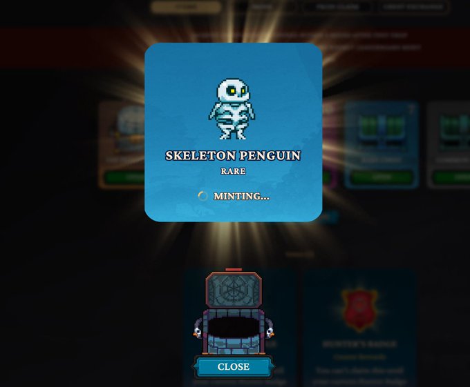 A digital screen displaying a 'SKELETON PENGUIN' rare NFT card being minted, with a chest and hunter's badge visible below.