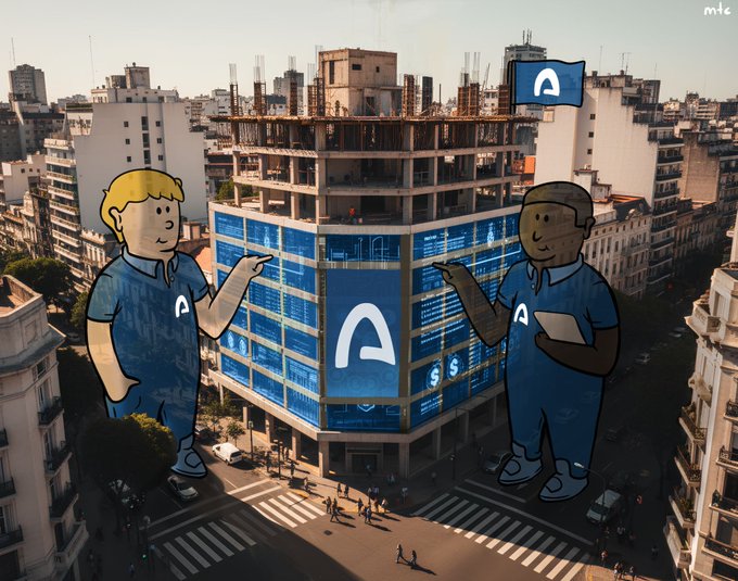 The image shows two cartoon figures in blue uniforms standing before a large construction site with digital screens displaying an "A" logo and financial data, with a cityscape backdrop. The construction imagery and Arc branding visually reinforce the post's theme of building a new project called "Cue" on the Arc platform.