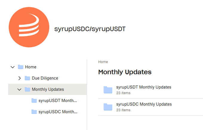 The image shows a screenshot of a web page with information about SyrupUSDT and USDC reports. The webpage appears to be from Maple Finance, as indicated by the @MapleFinance symbol. The text on the screen states that both USDC and SyrupUSDT are available for download and that they have been updated since May 2015. There is also a button in the upper right corner of the page with the message "watch our live" and another button below it labeled "View".