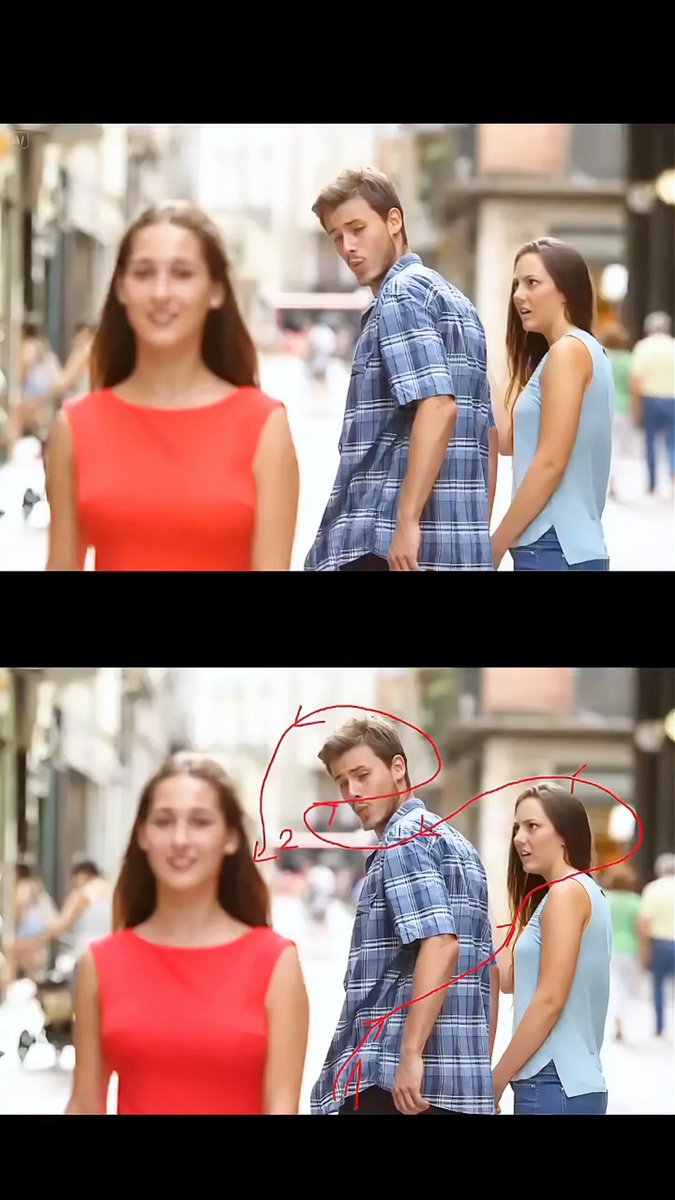 The image shows the well-known "Distracted Boyfriend" meme, depicting a man turning away from his girlfriend to check out another woman in red, with both versions shown—one clean and one annotated with red arrows highlighting the man's head and the other woman, emphasizing his redirected attention. This ties into the post's theme of shifting priorities, using humor to suggest that despite distractions, the $3M reward from the Toobit TIFT 2026 competition remains the ultimate focus worth pursuing.