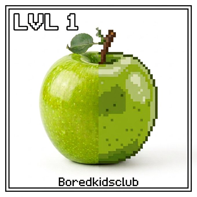 A pixelated green apple partially rendered in 8-bit style with "LVL 1" text and "Boredkidsclub" written at the bottom.