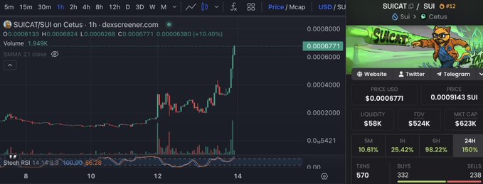 A TradingView chart showing SUICAT/SUI on Cetus with a 10.40% price increase to 0.0006380, displaying price metrics in USD/SUI with 24-hour trading data and a cartoon cat illustration.