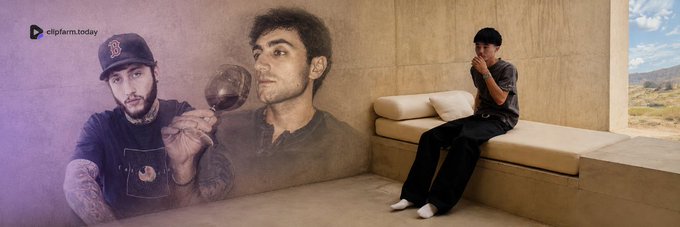 A young man sits thoughtfully on a concrete bench beside a wall mural depicting two men—one wearing a Boston Red Sox cap and the other holding a wine glass. A "clipfarm.today" logo appears in the upper left, tying the contemplative scene to the post's commentary on Clipping as an innovative yet complex crypto payment onboarding tool.