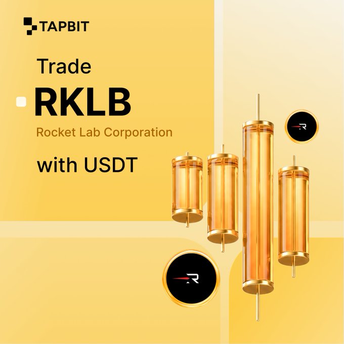 A promotional graphic features gold capsule shapes and rocket icons on a yellow background with the text 'TAPBIT', 'Trade RKLB Rocket Lab Corporation', and 'with USDT'.