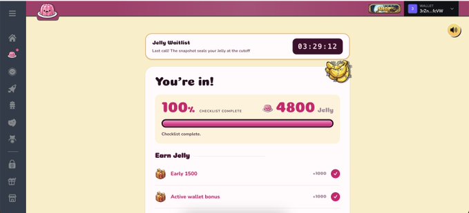 A screenshot of a 'Jelly Waitlist' completion page showing 100% checklist complete with 4800 jelly earned, listing rewards of +1000 for Early 2500 and Active wallet bonus.