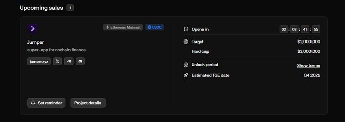 Upcoming sales dashboard for 'Jumper' on the Ethereum Mainnet (USDC), a super-app for onchain finance, with a hard cap of $3,000,000 and TGE estimated Q4 2026.